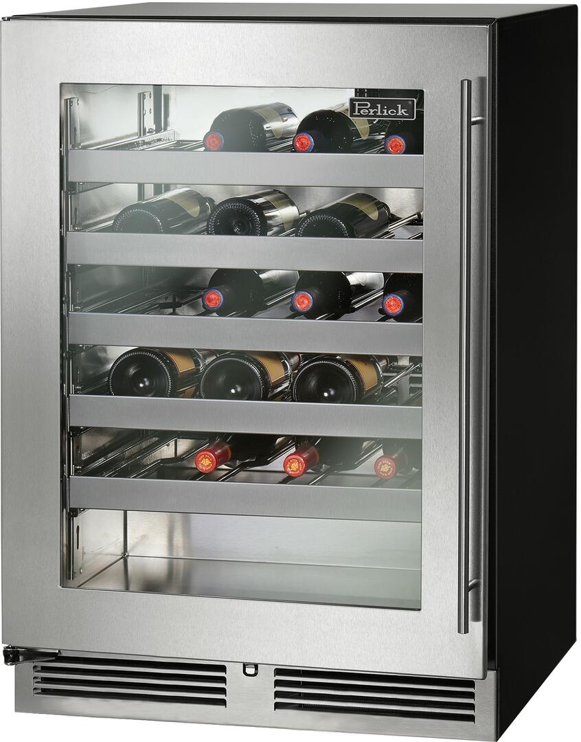Perlick built-in single-zone wine cooler, stainless steel, glass door, front view