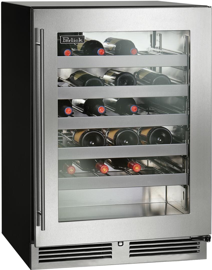 Perlick built-in wine cooler with stainless steel body, glass door, side front angle