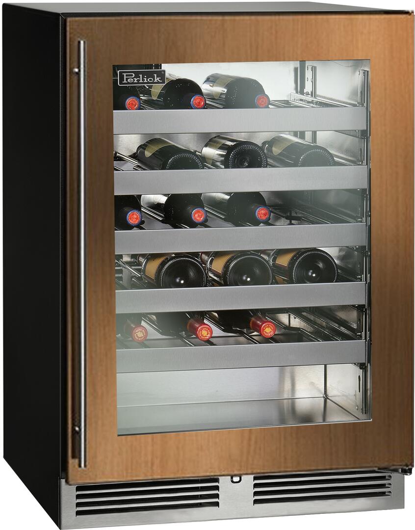 Perlick built-in wine cooler with glass door, wood panel front, visible interior shelves
