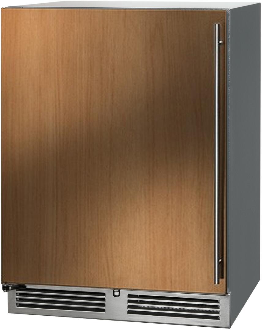 Panel-ready compact refrigerator with wood door, stainless trim, bottom vent grilles