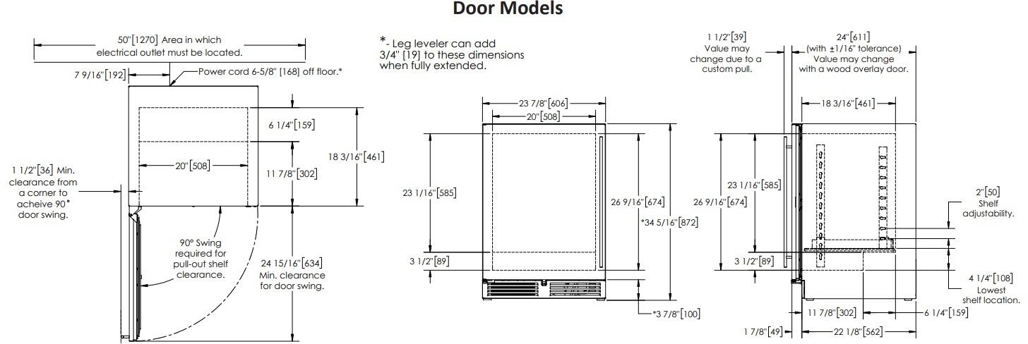 Perlick compact refrigerator door and cabinet dimension diagram, side and front views