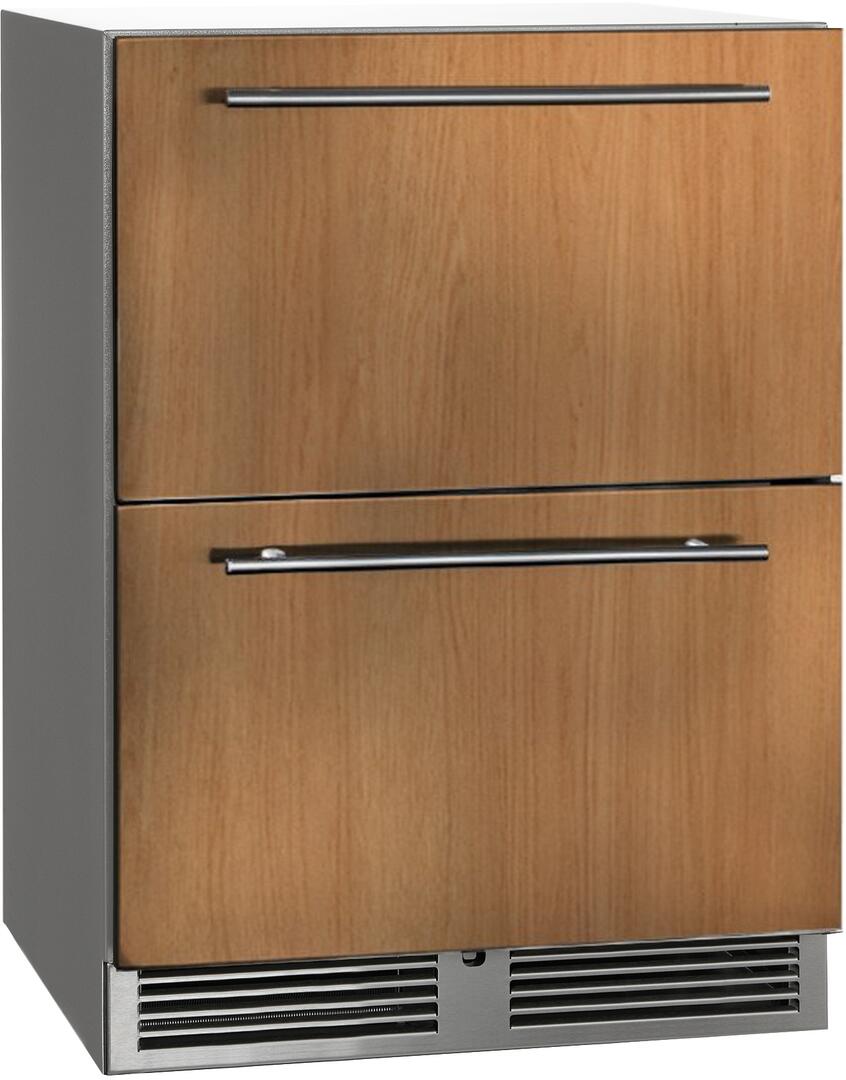 Outdoor built-in drawer refrigerator with wood panel doors and bottom vent grille