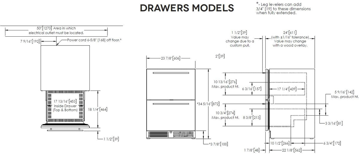 Technical dimensions diagram for built-in drawer refrigerator with drawers and vents