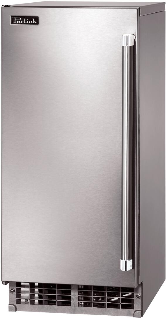 Stainless steel Perlick 15-inch built-in outdoor ice maker with vertical handle