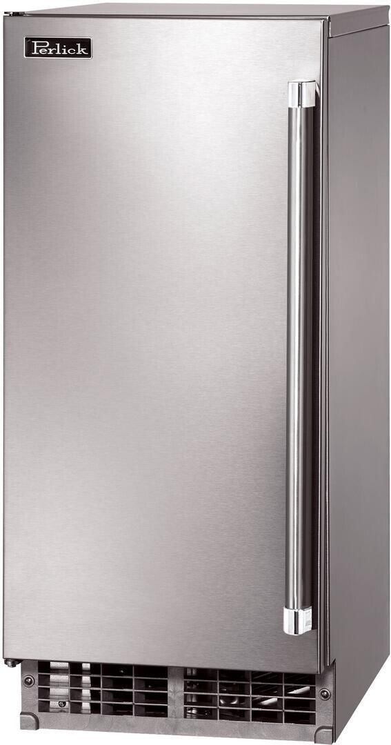 Stainless steel undercounter ice maker with front door and vertical handle