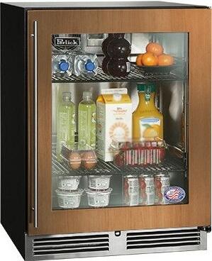 Built-in compact refrigerator with panel-ready glass front and interior bottles and jars