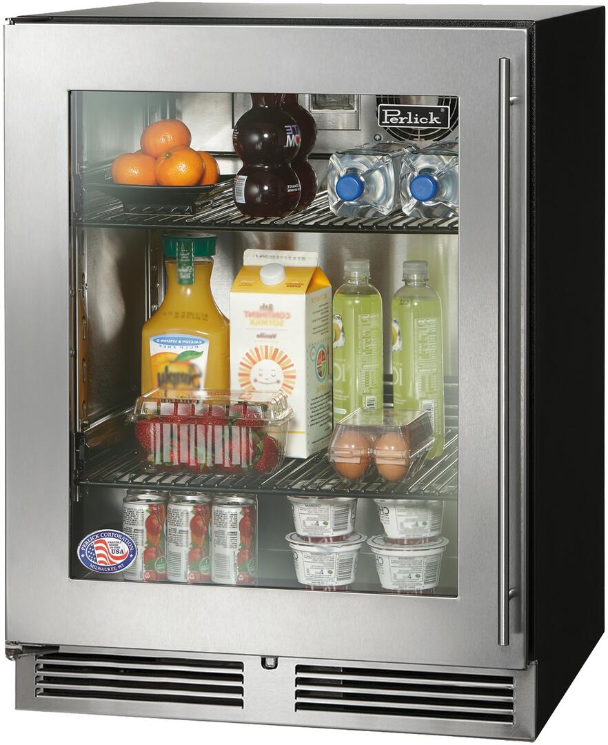 Stainless compact refrigerator with glass door, open interior shelves holding food and bottles