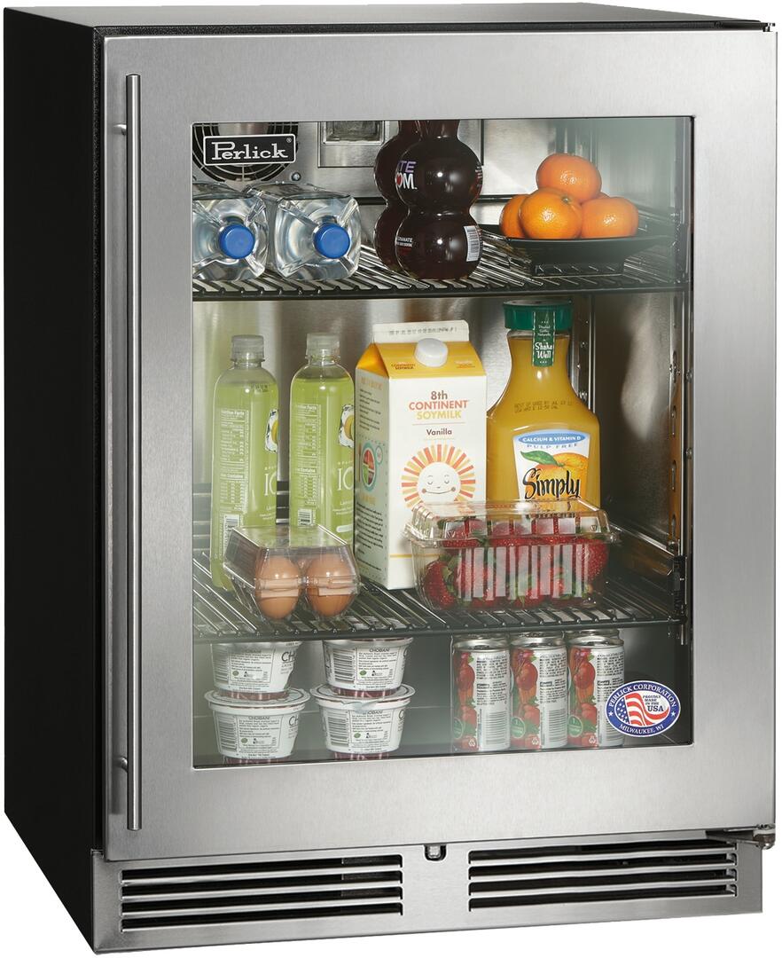 Stainless compact refrigerator with glass door, open interior with dairy and drinks on shelves
