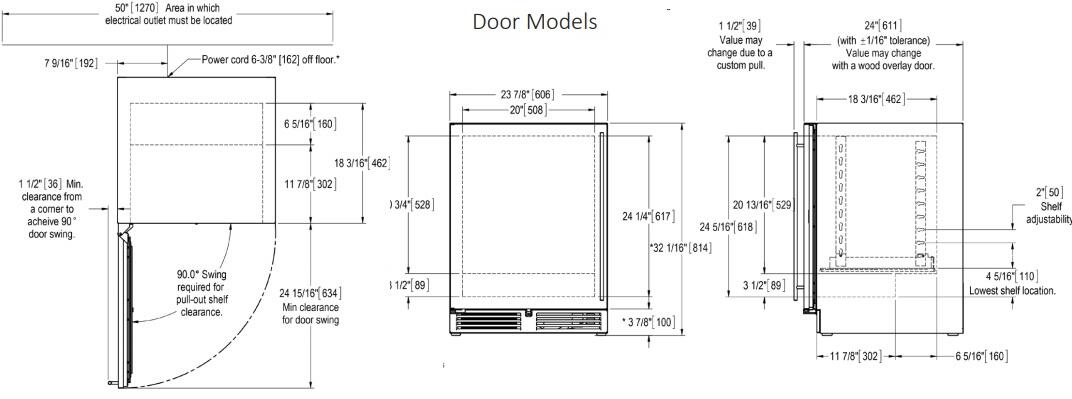 Counter-depth refrigerator door model diagram with dimensions and measurements