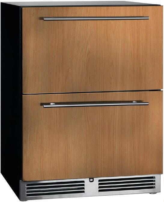 Panel-ready built-in counter depth refrigerator drawer with two stainless handle bars