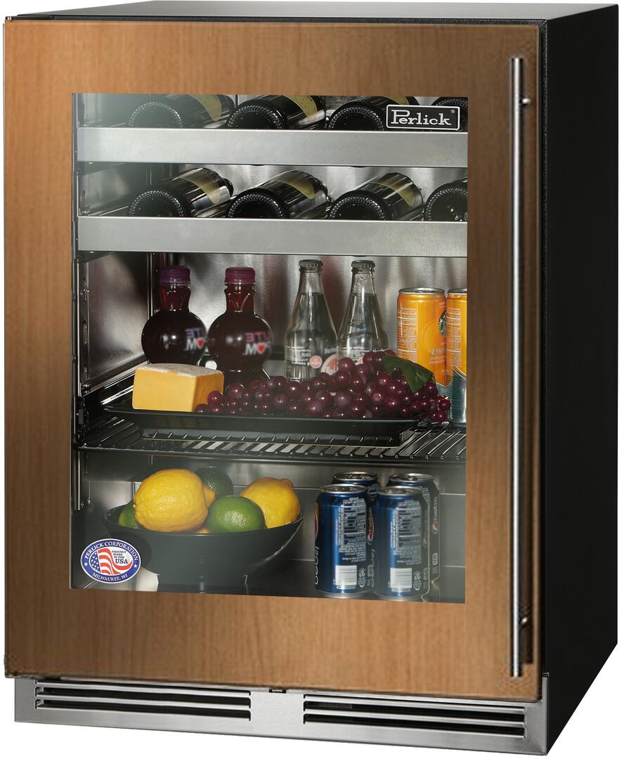 Built-in beverage center with open glass door, wood panels, drinks on shelves
