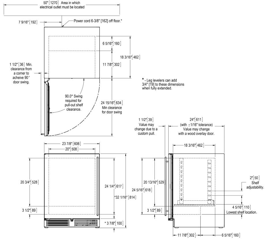 Built-in wine cooler installation dimensions diagram with clearance and door swing notes