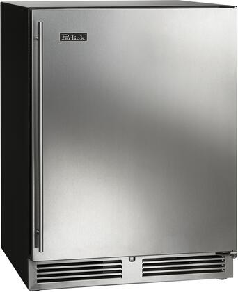 Stainless steel wine cooler with solid door, Perlick logo, and bottom ventilation grilles