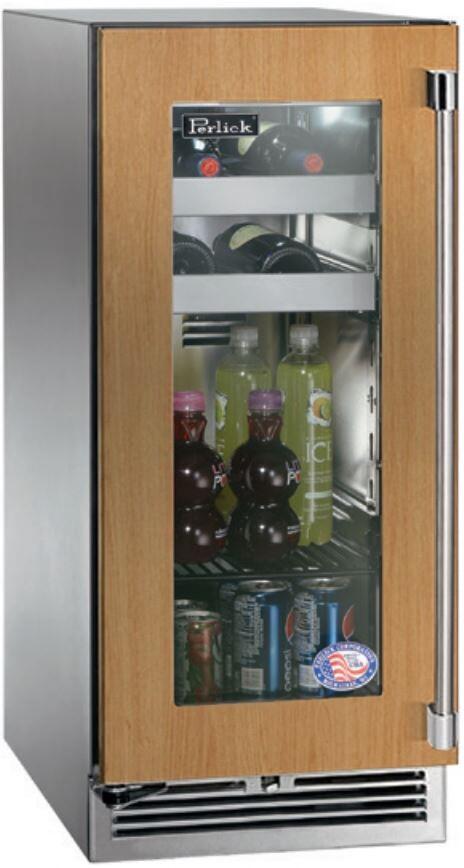 Perlick built-in beverage center with wood panel-ready glass door and bottle storage