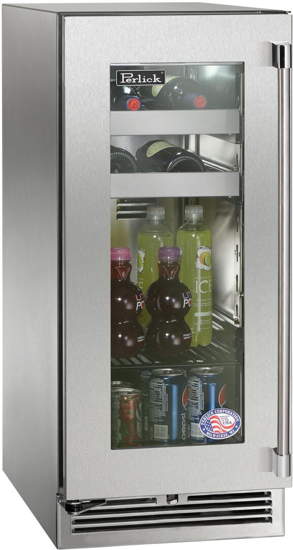 Built-in beverage center refrigerator with stainless frame and clear glass door, bottles
