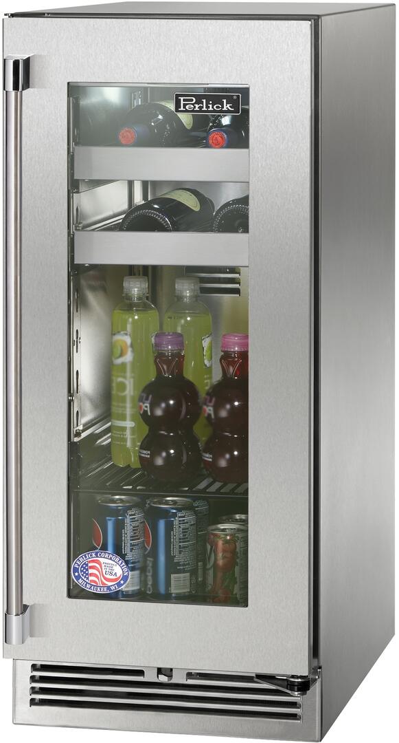Built-in beverage center refrigerator with stainless finish and clear glass door, stocked