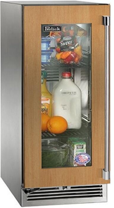 Counter-depth compact refrigerator with glass door, stainless sides, open interior shelves