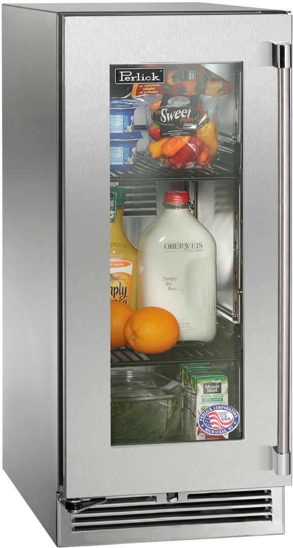 Stainless steel built-in compact refrigerator with glass door, stocked interior shelves