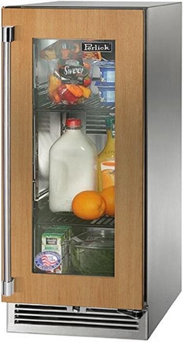 Counter-depth compact refrigerator with glass door and stainless handle, open interior shelves