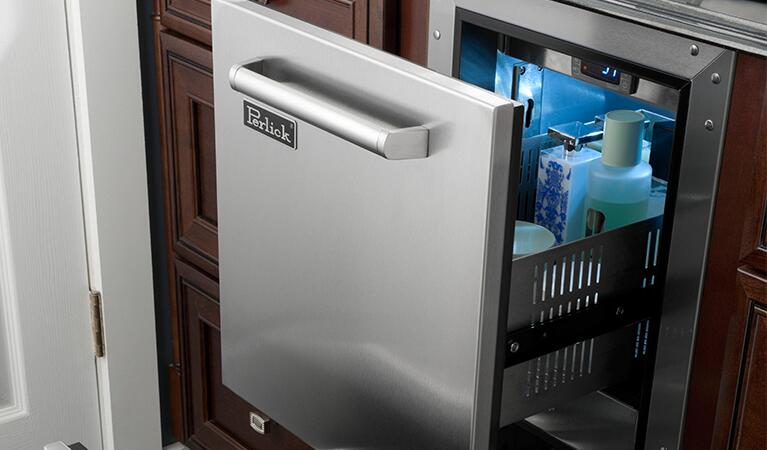 Stainless steel drawer refrigerator with open drawer and interior shelves