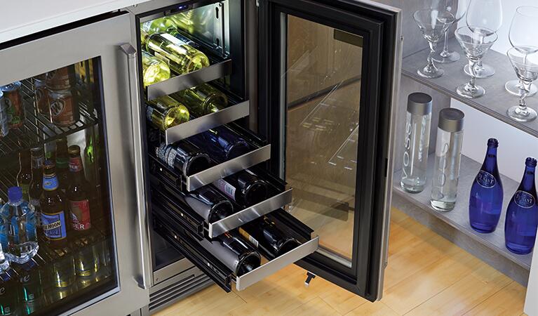 Single-zone wine cooler interior with bottle shelves behind glass door
