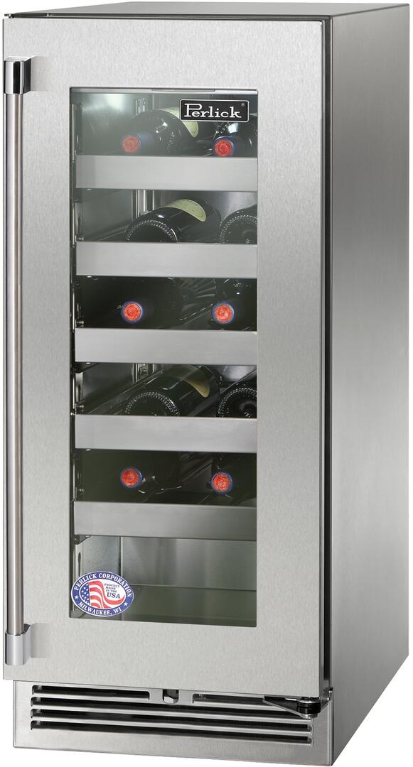 Stainless wine cooler with glass door and front view of bottle racks
