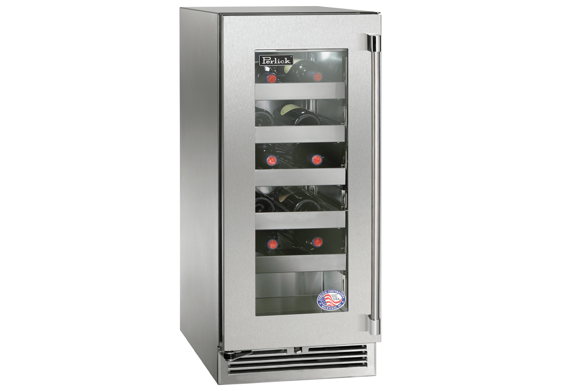 Stainless single-zone wine cooler with glass door and visible wine storage shelves