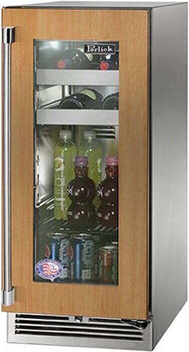Built-in wine cooler with wood panel and clear glass door, stainless trim