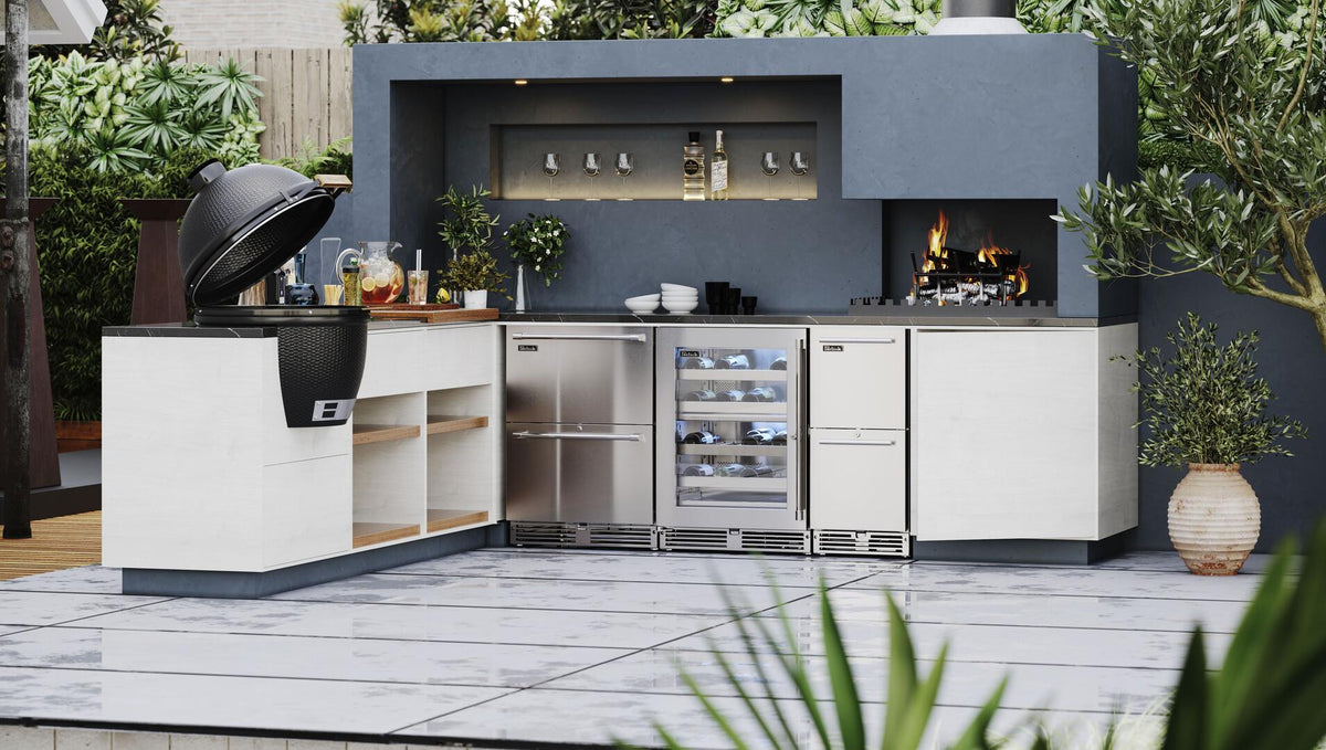 Outdoor drawer refrigerator with open drawer, interior shelves, and stainless steel exterior