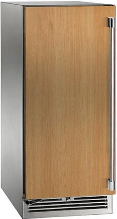 Built-in wine cooler with stainless sides and panel-ready wood door, bottom vent grille