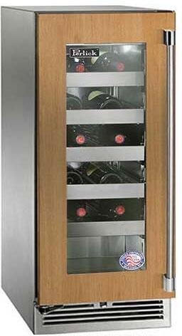 Outdoor single-zone wine cooler with glass door, stainless sides, wood-paneled front