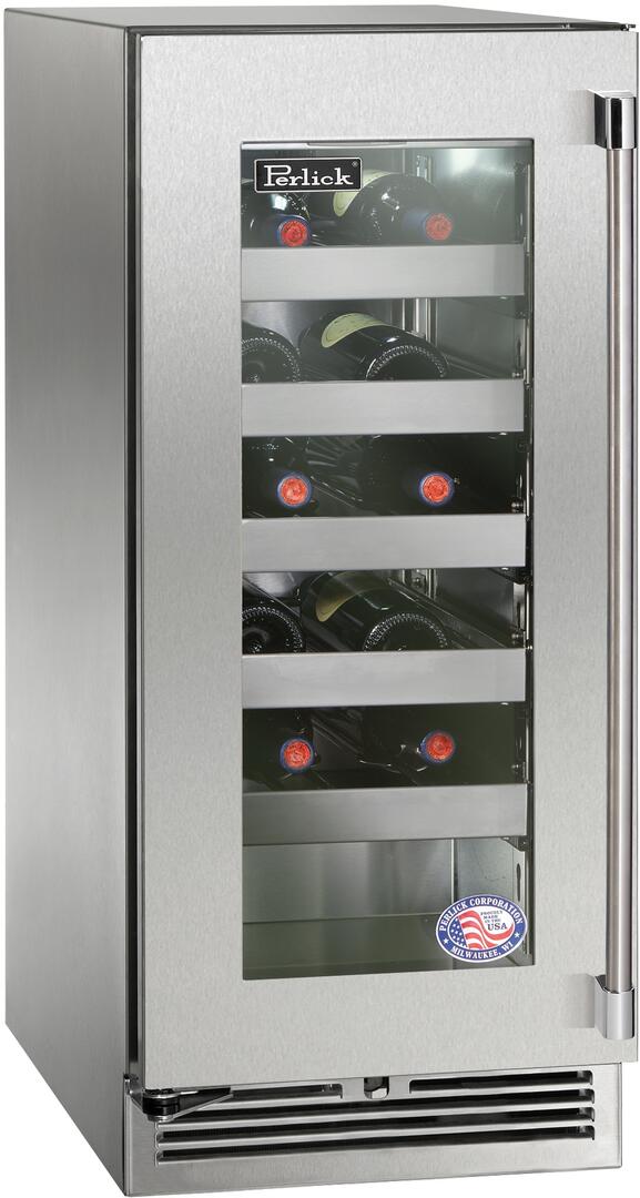 Stainless steel wine cooler with glass door and interior bottle shelves