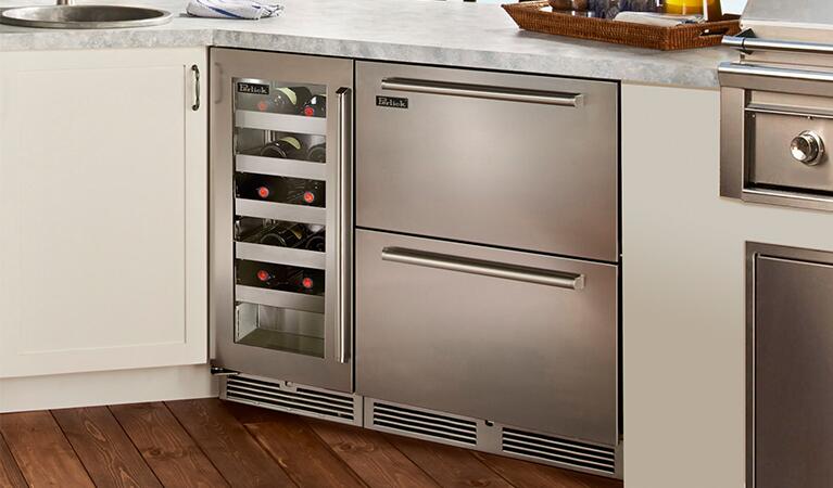 Stainless steel wine cooler with open glass door showing bottle racks