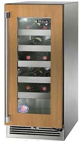 Outdoor wine cooler, wood front panel with clear glass door and interior shelves