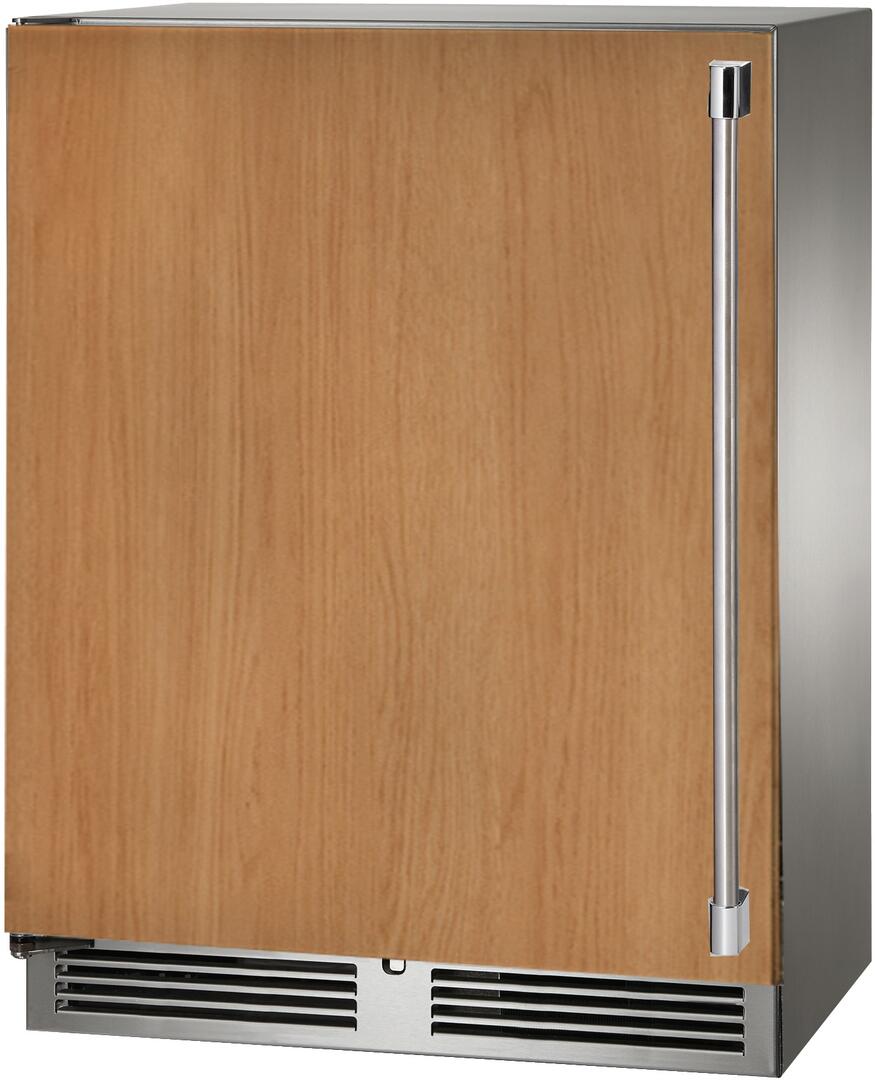 Panel-ready built-in beverage center with wood-look door, stainless handle and bottom vents