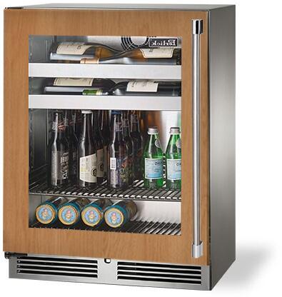 Built-in beverage center with glass door, stainless handle, and stocked shelves of bottles
