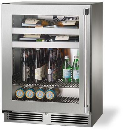 Stainless steel built-in beverage center with glass door and interior bottle shelves