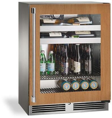 Built-in beverage center with glass door, stainless frame, and bottle display on wire shelves