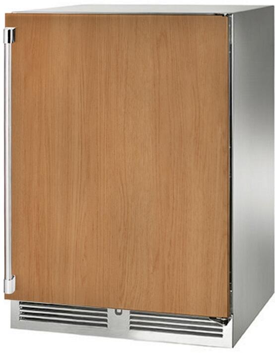 Panel-ready built-in beverage center with wood-panel door, stainless sides, lower vent grilles