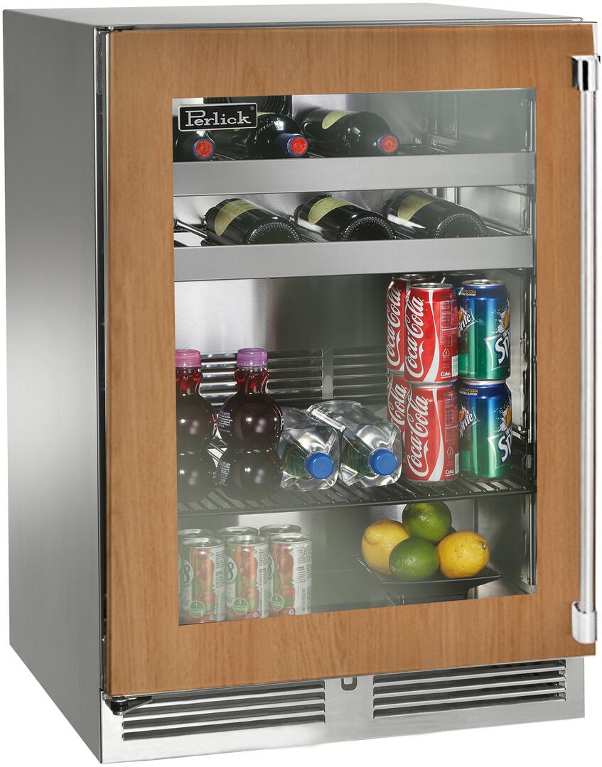 Built-in beverage center with glass door, wood panel, stainless frame; shelves with bottles