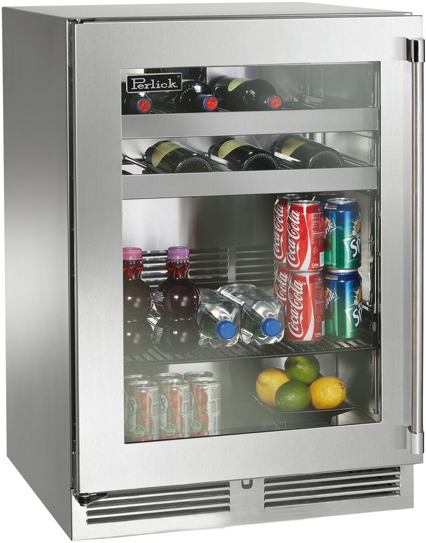 Stainless steel built-in beverage center with glass door, interior shelves for bottles and cans