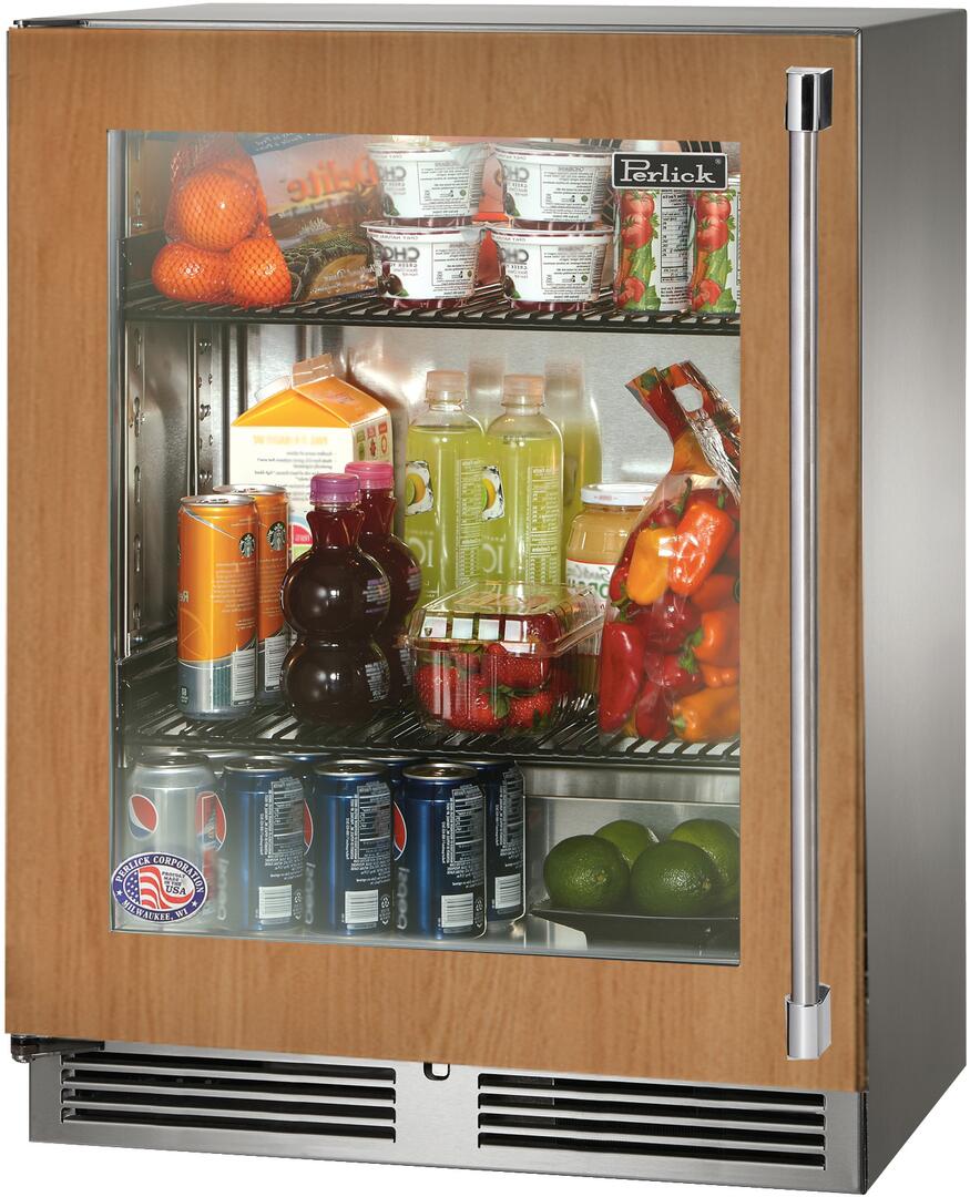 Counter-depth compact refrigerator with clear glass door, interior shelves, right vertical handle