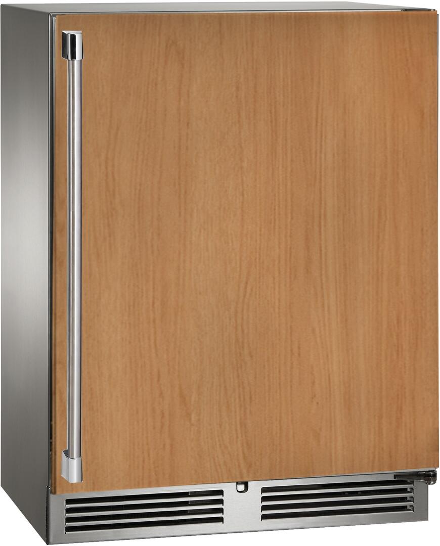 Panel-ready built-in compact refrigerator with wood door panel, chrome handle, bottom vents