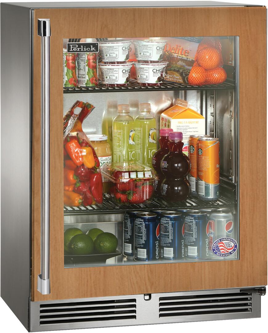 Counter-depth compact refrigerator with clear glass door, interior shelves, left vertical handle