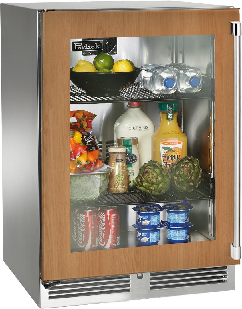 Built-in compact refrigerator with stainless steel body and glass door, panel-ready