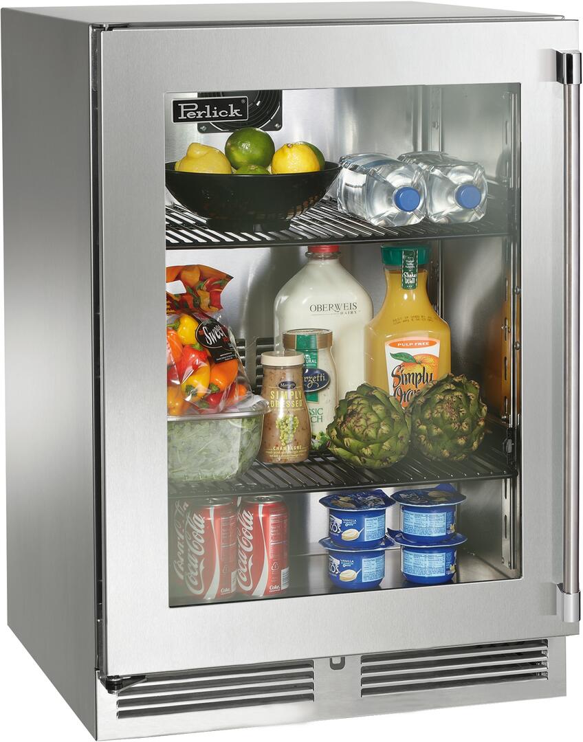 Perlick stainless compact refrigerator with glass door, open interior shelves and drinks