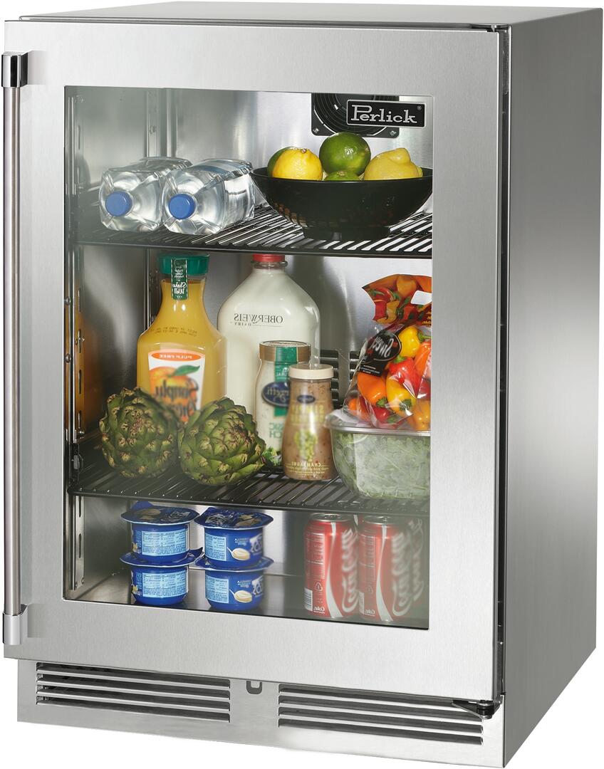 Perlick stainless compact refrigerator with glass door, open and stocked shelves