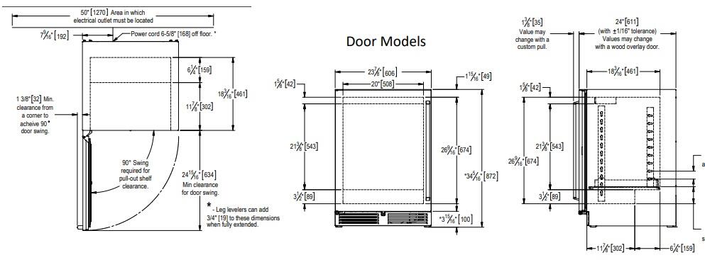 Perlick compact refrigerator technical dimensions diagram, door and side views