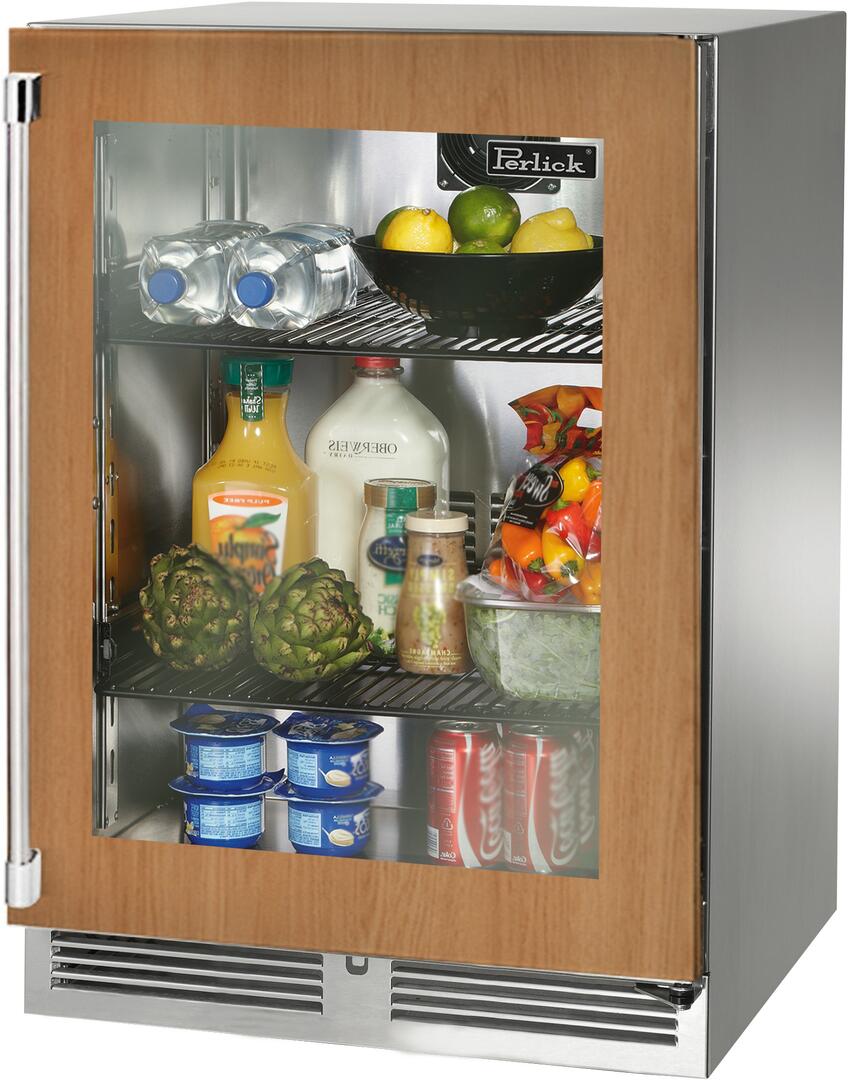 Panel-ready built-in compact refrigerator with glass door showing interior shelves
