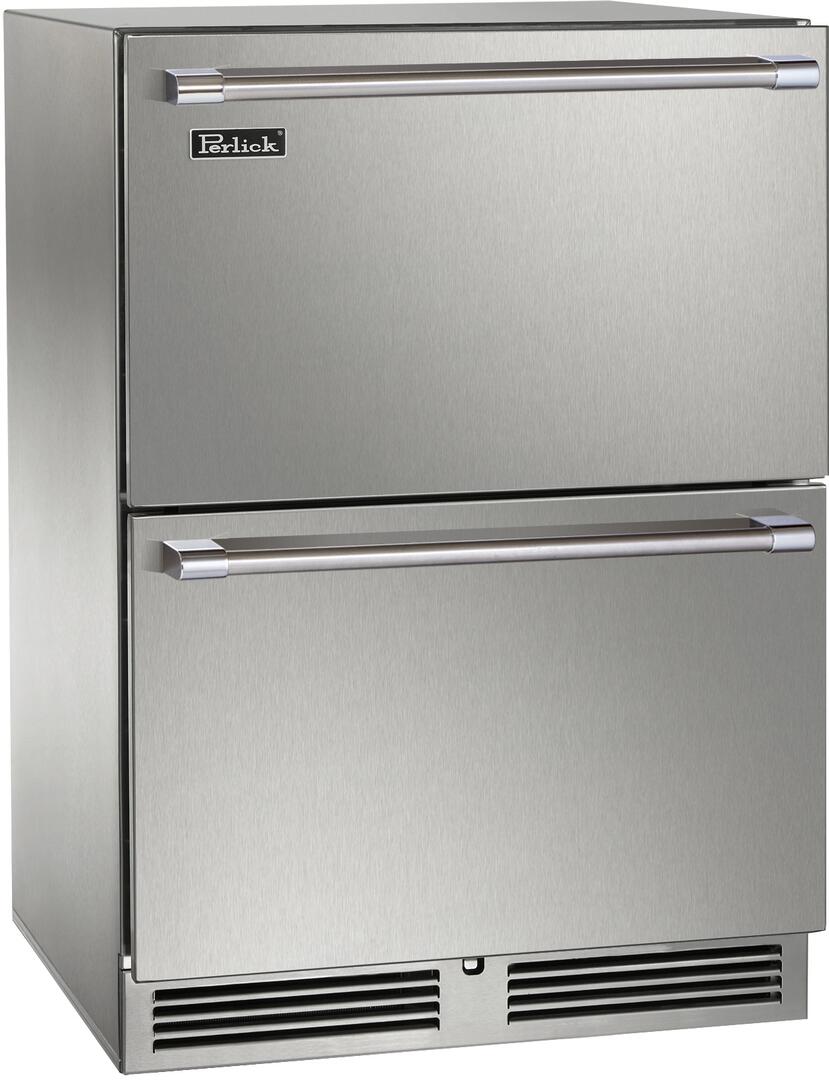 Perlick stainless steel built-in drawer refrigerator front view with two closed drawers